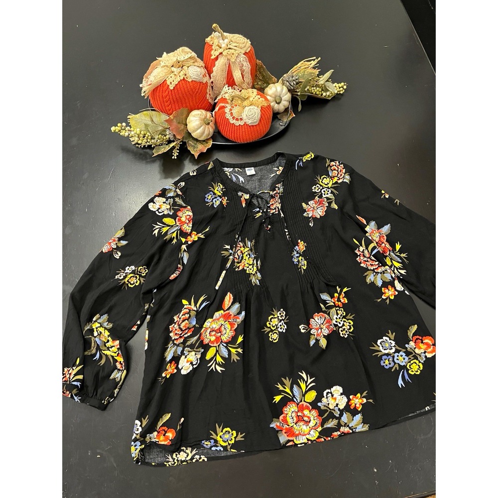 Old Navy Black Multicolor Floral Pleated V-Neck Peasant Blouse Sz XL